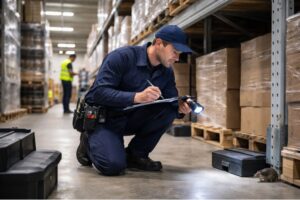 commercial pest management technician inspecting premises, business pest control survey in progress, pest control services for UK food site