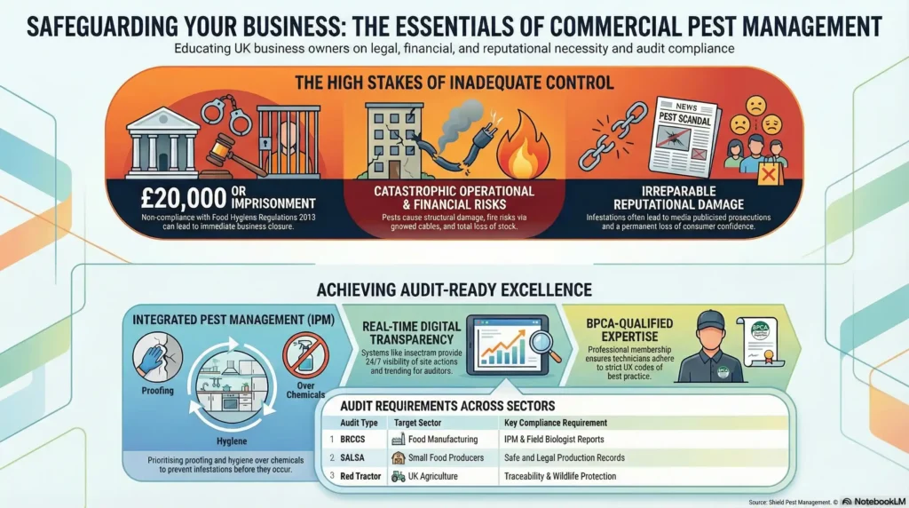 commercial pest management technician inspecting premises, business pest control survey in progress, pest control services for UK food site
