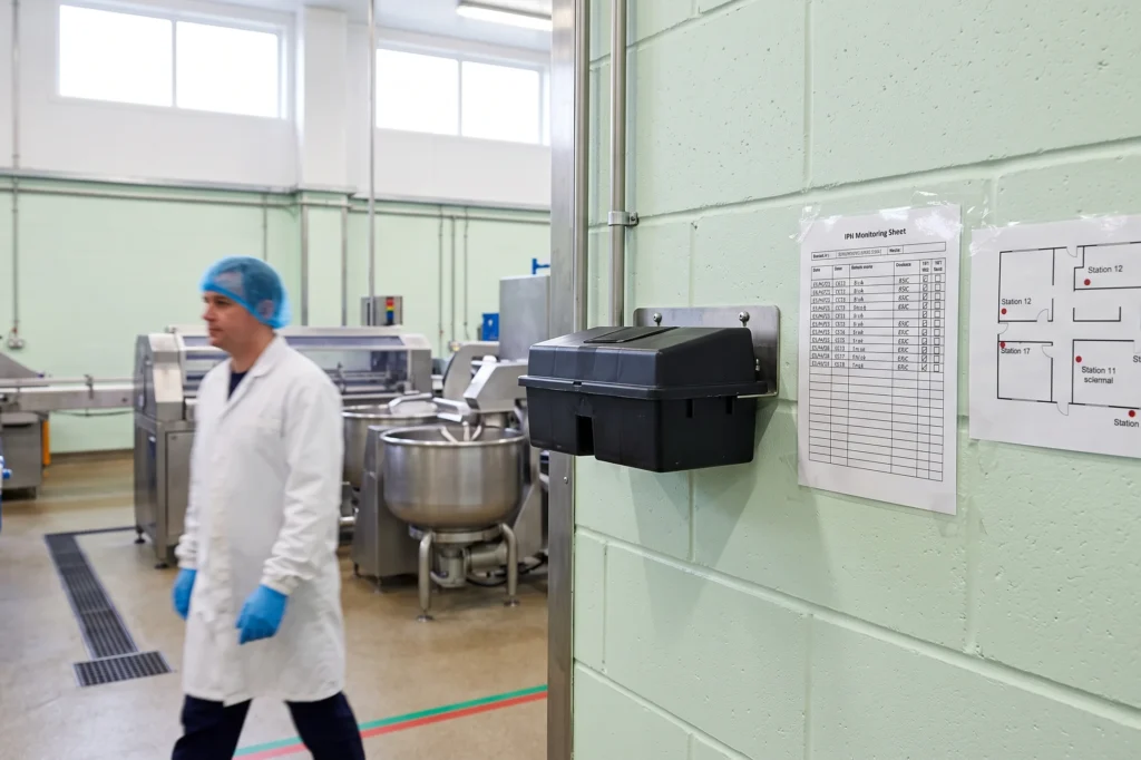 Food manufacturing plant interior showing pest monitoring station mapped along the wall, brc pest control standards, brcgs issue 9 pest control, brc pest control requirements for food manufacturers