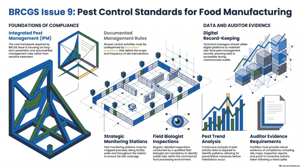 brc pest control standards, brcgs issue 9 pest control, food manufacturing pest control, integrated pest management, audit compliance, pest trend analysis, field biologist inspection, food factory hygiene