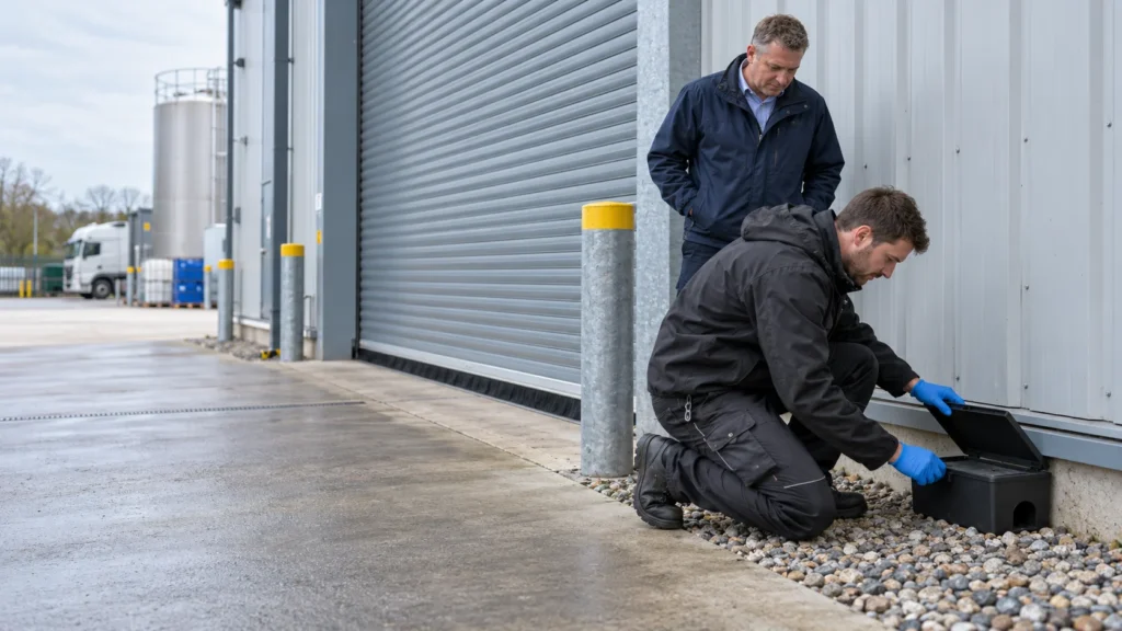 Technician checking an external rodent monitoring station outside a food production facility, brc pest control audit, brcgs pest documentation, how to pass a brc pest control audit