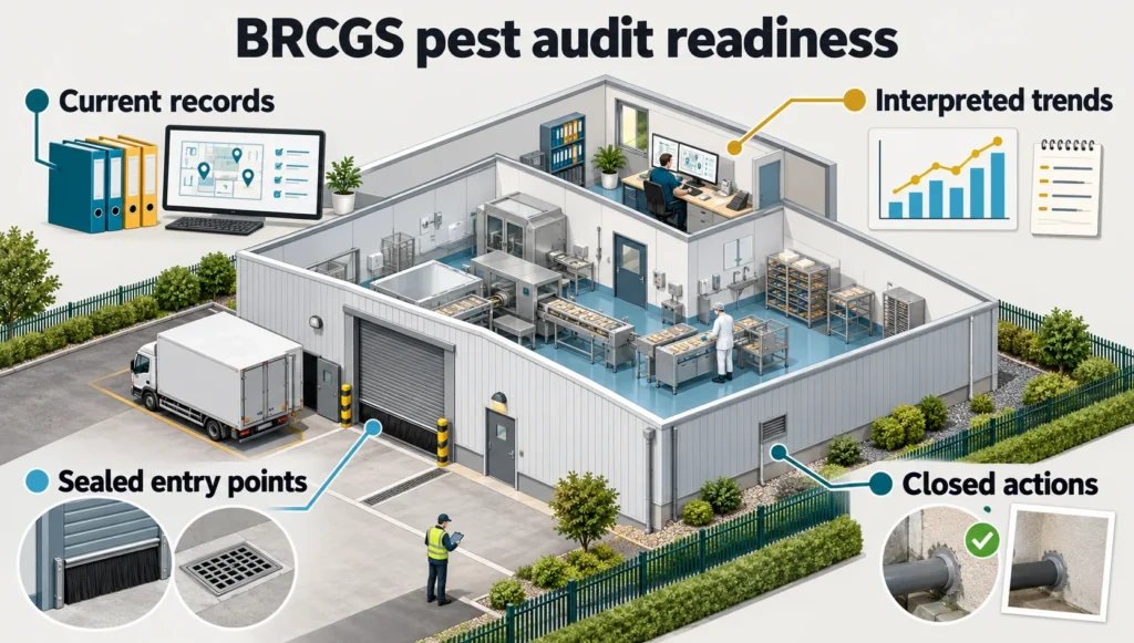 BRC pest control audit, BRCGS pest documentation, food safety audit, pest management inspection, trend analysis pest control, BRCGS Issue 9, food manufacturing pest control, pest proofing standards