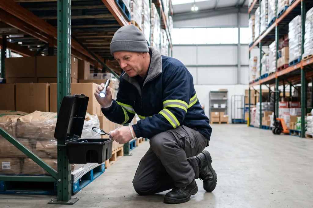 Pest control technician inspecting a rodent bait station in a commercial food warehouse, integrated pest management, commercial pest control services, pest awareness training