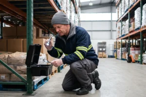 Pest control technician inspecting a rodent bait station in a commercial food warehouse, integrated pest management, commercial pest control services, pest awareness training
