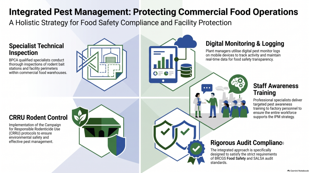integrated pest management, commercial pest control services, pest awareness training, BRCGS food safety, food manufacturing pest control, SALSA audit compliance, CRRU rodent control