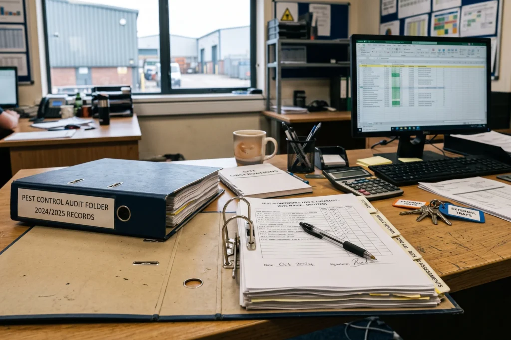 Commercial pest control audit folder on an operations desk, pest control audit checklist, audit compliant pest control, what auditors check in a pest control file