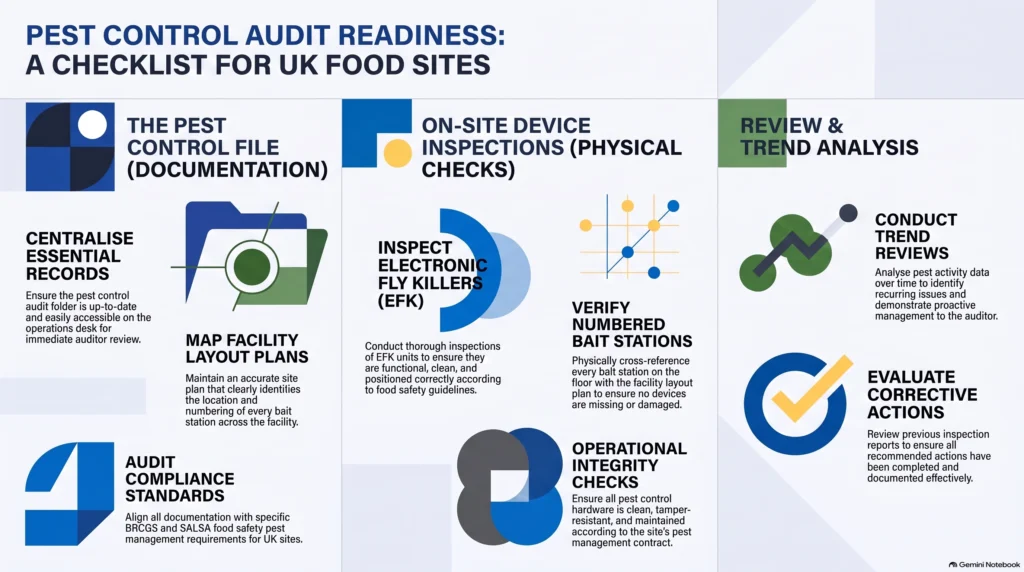 pest control audit checklist, audit compliant pest control, what auditors check in a pest control file, BRCGS pest control, SALSA audit pest control, food safety pest management, UK food factory compliance