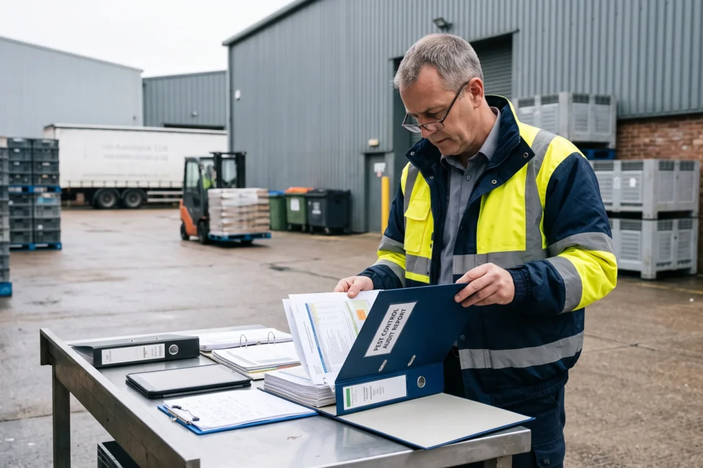 Technical manager inspecting a pest control audit report folder on site, pest control audit report, pest audit documentation, what a pest control audit report should contain