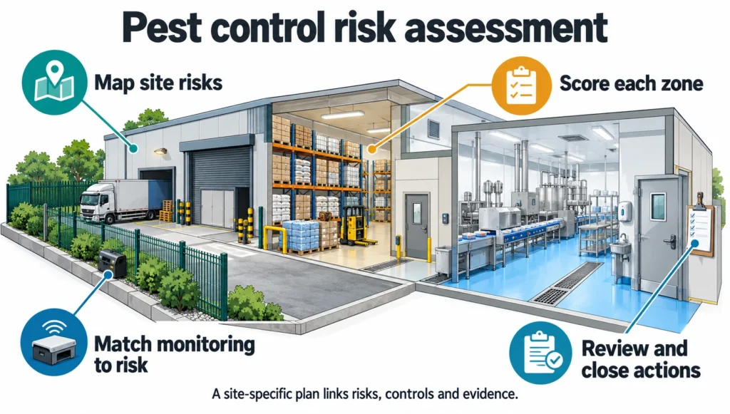 pest control risk assessment template, site specific risk assessment, audit compliance, BRCGS pest control, food safety risk assessment, pest management audit, UK pest legislation