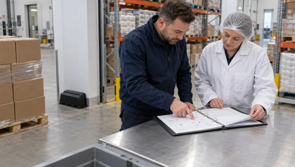 Auditor inspecting a commercial pest control folder on site, bpca compliance standards, bs en 16636 certification, what bs en 16636 means for your pest contractor