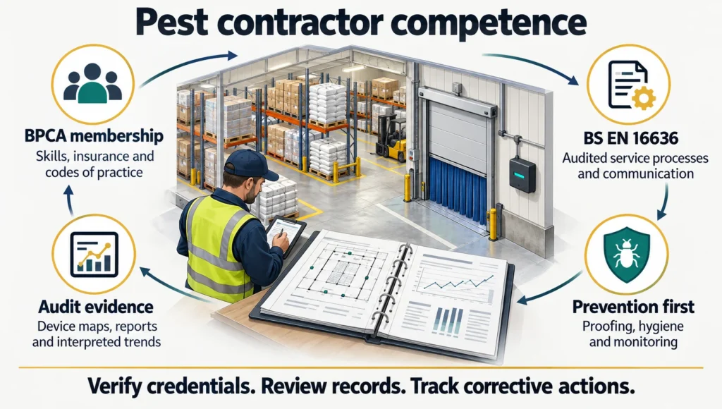 BPCA compliance standards, BS EN 16636 certification, pest control audit compliance, food safety audits, contractor competence, pest management documentation, CEPA certified, BRCGS pest control