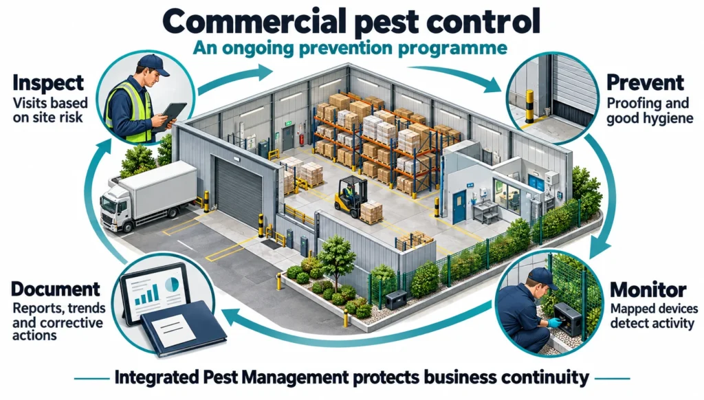commercial pest control, pest management contracts, integrated pest management, BRCGS pest control, SALSA pest management, pest control documentation, UK pest legislation, environmental health compliance