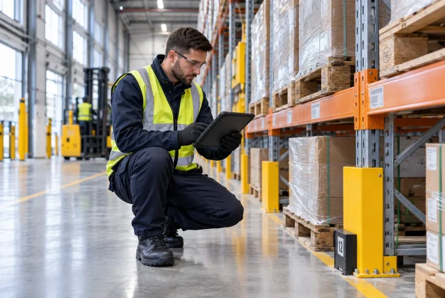 Pest control technician recording inspection findings on a tablet beside pallet racking in a clean commercial warehouse