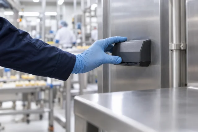 Pest control technician fitting an insect monitoring device to a stainless steel wall in a clean food production facility