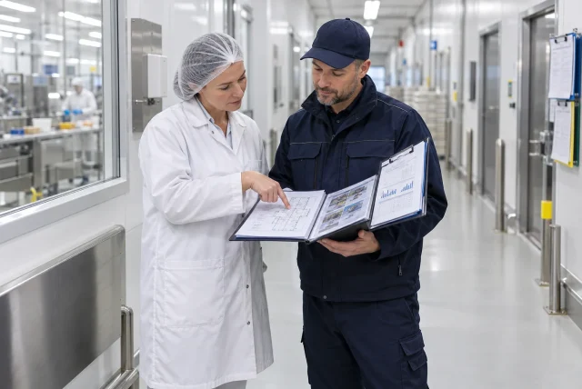 Food technical manager and pest control technician reviewing a pest-management site plan and compliance records in a hygienic food production facility