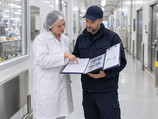Food technical manager and pest control technician reviewing a pest-management site plan and compliance records in a hygienic food production facility