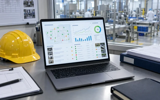 Digital pest management monitoring dashboard displayed on a laptop in a clean UK food production facility office with safety hard hat and compliance paperwork