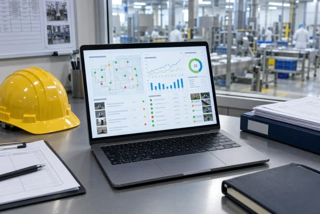 Digital pest management monitoring dashboard displayed on a laptop in a clean UK food production facility office with safety hard hat and compliance paperwork