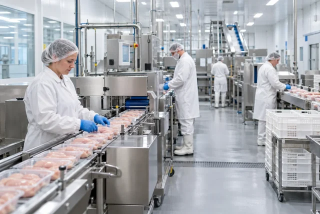 Food production operatives in white protective clothing working along a clean stainless-steel processing line in a modern UK food manufacturing facility.