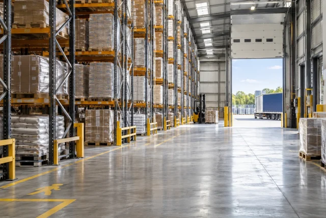 Warehouse racking aisle leading to an open loading bay door