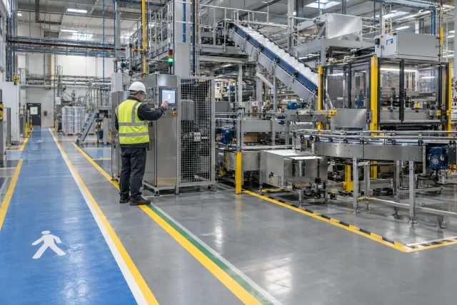 Operator working at a machine on a food production line
