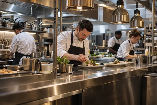 Professional chefs preparing and plating food in a clean modern UK commercial restaurant kitchen with stainless-steel equipment