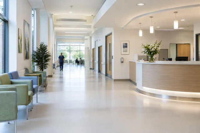Modern UK healthcare or education facility corridor with clean flooring, contemporary seating and bright natural daylight