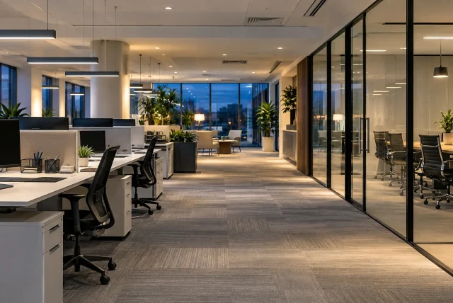 Open-plan office interior with desks and glass-partitioned meeting rooms