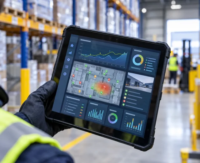 Professional pest management technician holding a tablet displaying a digital pest monitoring dashboard with activity trends and site heat map inside a modern commercial warehouse