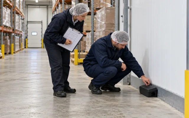Pest control technician reviewing a site pest file in a food factory office, aib pest control standards, aib international ipm scoring, how aib scores pest control on inspection