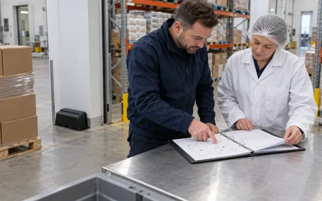 Auditor inspecting a commercial pest control folder on site, bpca compliance standards, bs en 16636 certification, what bs en 16636 means for your pest contractor