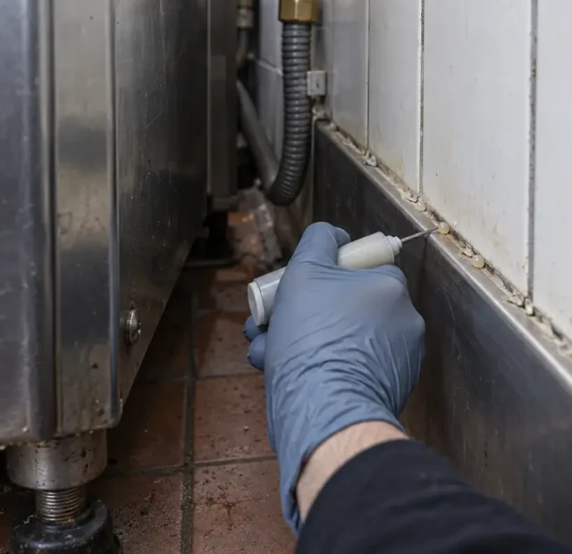 A gloved hand placing small dots of gel bait into a cracked sealant joint behind a stainless commercial appliance, cockroach gel treatment