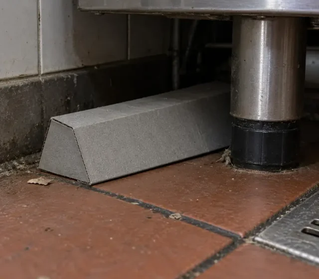 A plain unopened cockroach monitor set on the quarry-tiled floor beneath the leg of a stainless commercial appliance, cockroach monitoring