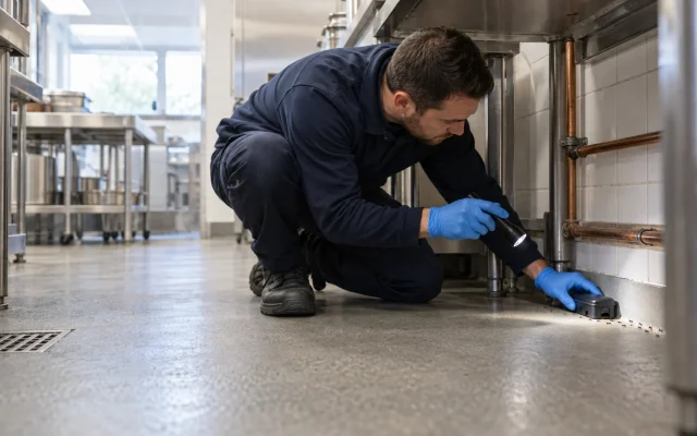 Pest technician inspecting stainless steel shelving in a hospital catering kitchen, commercial ant control, pharaoh ant treatment, controlling ants in kitchens and healthcare sites