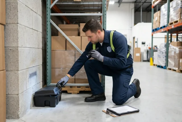Technician servicing a rodent bait station beside racking in a warehouse