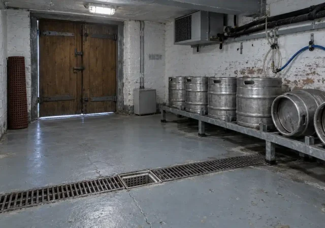 A British pub cellar with kegs on a galvanised rack, a floor channel gully and daylight showing at the edges of the closed drayman doors, cellar proofing