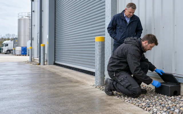 Technician checking an external rodent monitoring station outside a food production facility, brc pest control audit, brcgs pest documentation, how to pass a brc pest control audit