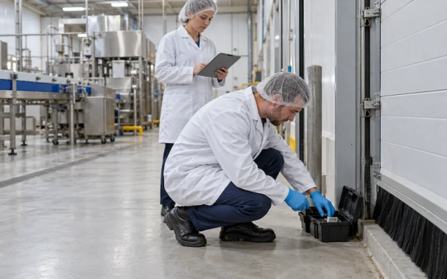 Auditor inspecting a pest monitoring station inside a food manufacturing plant, iso 22000 pest control requirements, iso 22002 prerequisite programmes, where pest control sits in iso 22000