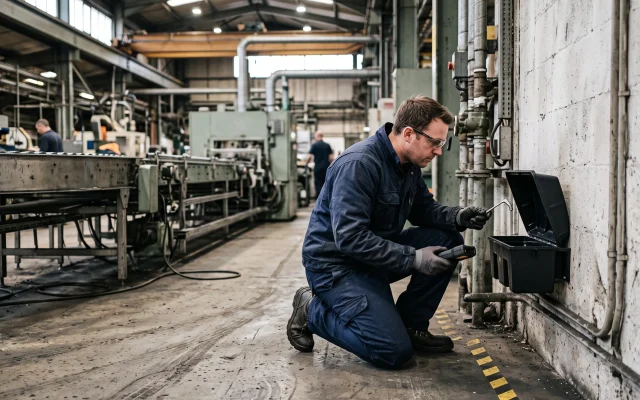Pest control technician checking a tamper-resistant bait station inside a manufacturing facility, industrial pest control, factory pest solutions, manufacturing pest control