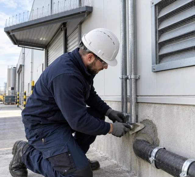 Technician sealing a pipe penetration in an external wall to block rodent entry