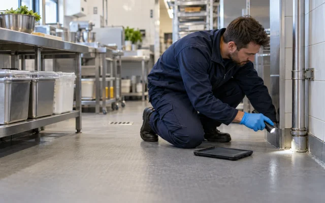 Technician carrying out a pest control inspection in a commercial food premises, industries that need pest control, legally required pest control, which uk industries legally require pest control