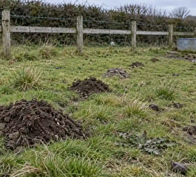 Fresh molehills in a line across a grazing paddock with post and rail fencing and a water trough behind, agricultural mole control