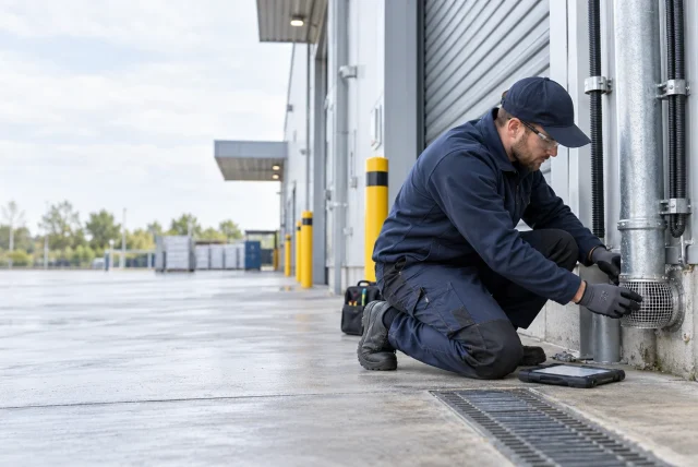 Pest-control technician installing professional mesh proofing around service pipes at a modern UK commercial building.