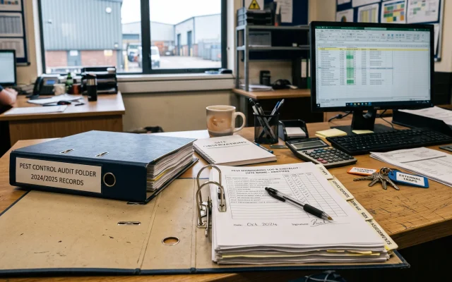 Commercial pest control audit folder on an operations desk, pest control audit checklist, audit compliant pest control, what auditors check in a pest control file