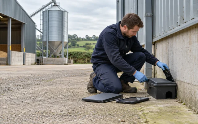 Tamper-resistant rodent bait box fixed along an external farm building wall, red tractor pest control standards, farm pest control records, red tractor pest control standards for farms