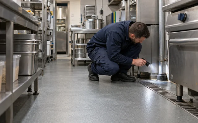 Commercial kitchen floor and drainage inspection for pest prevention, restaurant pest control, eho restaurant inspection, keeping a restaurant pest free and eho ready