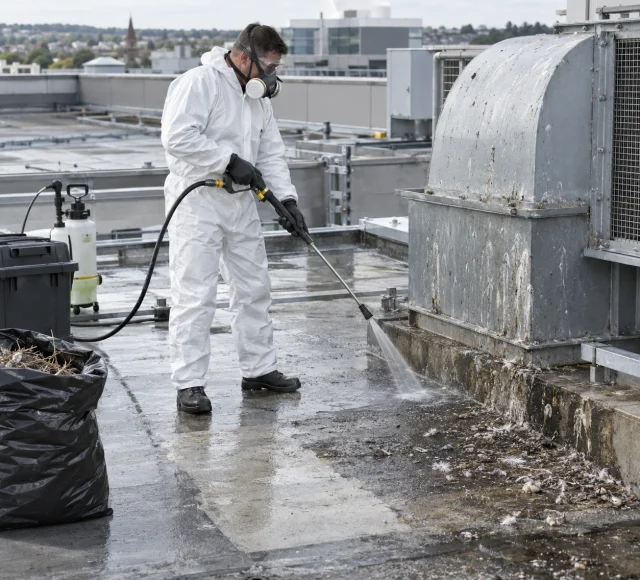 Operative in protective coveralls washing pigeon fouling from a rooftop plant area