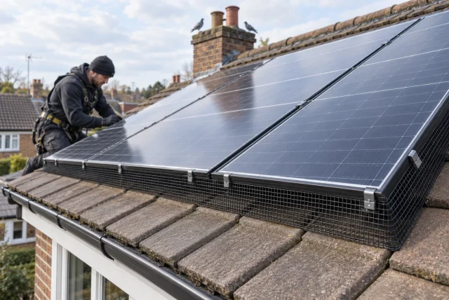 Technician fitting bird proofing mesh around roof-mounted solar panels