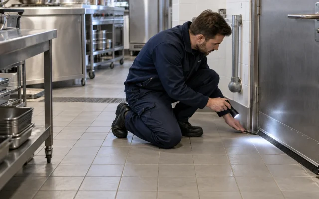 Pest control technician checking a numbered bait station beside a commercial kitchen door, food premises pest control requirements, food hygiene pest control, what an eho checks for pest control in food premises