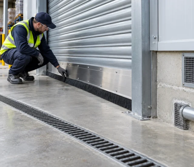 Technician fitting a brush seal to the base of a warehouse roller shutter door